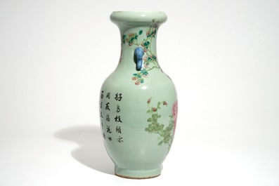 A Chinese celadon-ground qianjiang cai vase with elephant handles, 19/20th C.