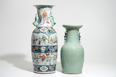 Een grote Chinese famille rose vaas en een celadon vaas, 19e eeuw