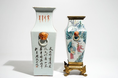 Un vase de forme carr&eacute; en porcelaine de Chine qianjiang cai et un en famille rose et mont&eacute; en bronze, 19/20&egrave;me
