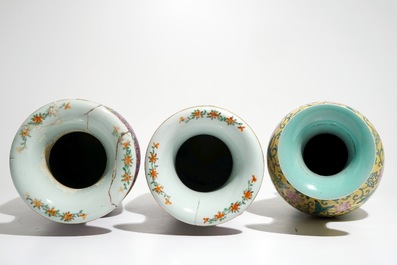 A pair of Chinese famille rose vases and a yellow-ground dragon vase, 19/20th C.