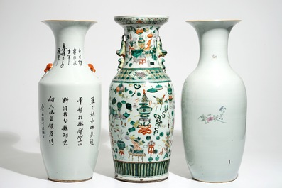 Three tall Chinese famille verte and rose vases, 19/20th C.