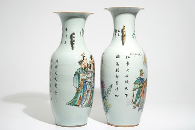 Deux grands vases en porcelaine de Chine famille rose et calligraphie, 19/20&egrave;me