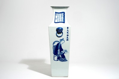 A Chinese square blue and white Wu Shuang Pu vase, 19th C.