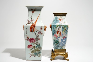 Un vase de forme carr&eacute; en porcelaine de Chine qianjiang cai et un en famille rose et mont&eacute; en bronze, 19/20&egrave;me