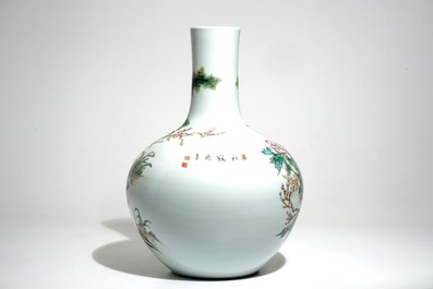 A large Chinese famille rose tianqiu ping vase with cranes, Yongzheng mark, 20th C.