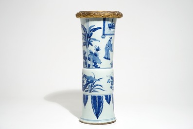 A Chinese blue and white bronze-mounted gu vase, Kangxi
