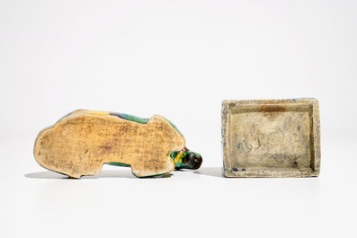 A Chinese monochrome blue ink jar and an incense burner as a recumbent horse, Kangxi and later