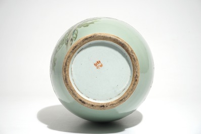 A Chinese celadon-ground qianjiang cai vase with elephant handles, 19/20th C.