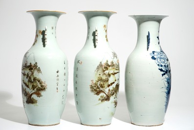 A pair of Chinese famille rose vases and four celadon-ground vases, 19/20th C.