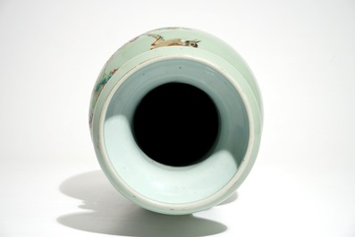 A Chinese celadon-ground qianjiang cai vase with elephant handles, 19/20th C.