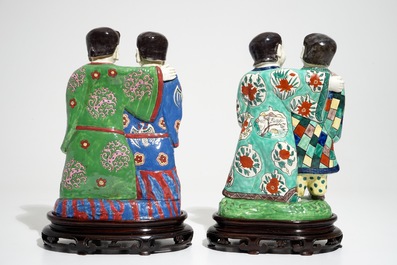Two tall Chinese famille rose groups of the Hehe Er Xian brothers, 19/20th C.