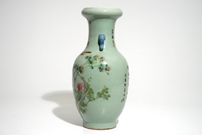 A Chinese celadon-ground qianjiang cai vase with elephant handles, 19/20th C.