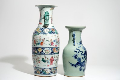 A tall Chinese famille rose vase and a celadon-ground vase, 19th C.
