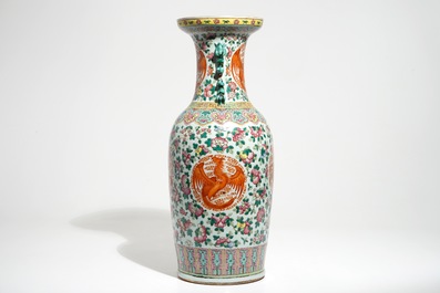 A tall Chinese famille rose vase with dragons and phoenixes, 19th C.