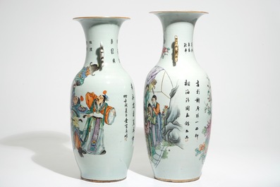 Twee grote Chinese famille rose vazen met grote figuren en kalligrafie, 19/20e eeuw