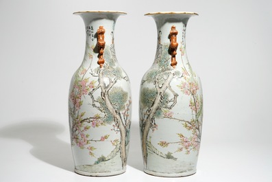 A pair of tall Chinese qianjiang cai vases with immortals, 19/20th C.