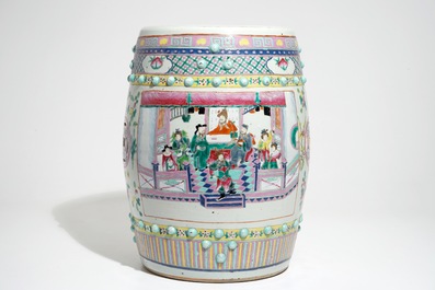 A Chinese famille rose garden seat with warriors, 19th C.