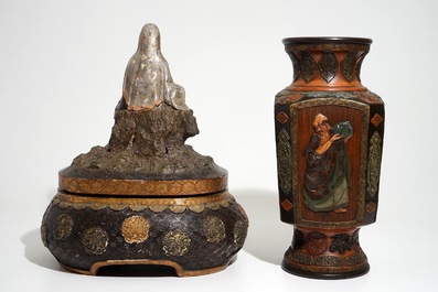 A Japanese polychrome pottery vase and a model of Kannon, Meiji, 19th C.