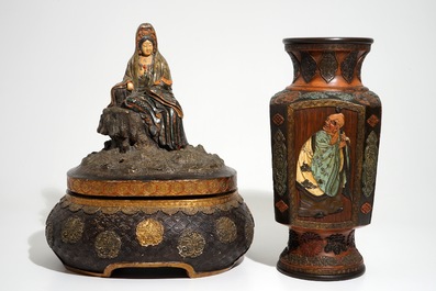 A Japanese polychrome pottery vase and a model of Kannon, Meiji, 19th C.