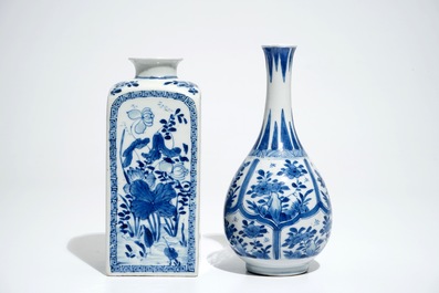 A Chinese blue and white bottle vase and a square tea caddy, Kangxi
