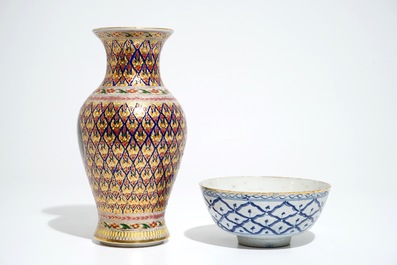 A Thai Bencharong vase with the portrait of King Rama V, and a blue and white bowl, 19/20th C.