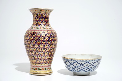 A Thai Bencharong vase with the portrait of King Rama V, and a blue and white bowl, 19/20th C.
