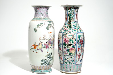 Two tall Chinese famille rose vases with playing boys and court scenes, 19th and 20th C.