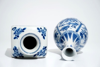 Un vase de forme bouteille et une bo&icirc;te &agrave; th&eacute; en porcelaine de Chine bleu et blanc, Kangxi