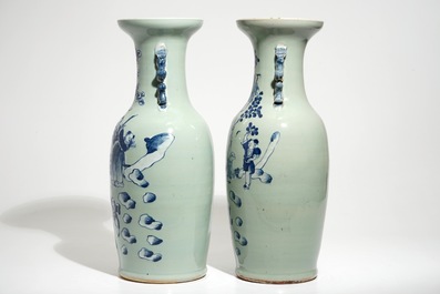 Two Chinese celadon-ground vases with blue and white design, 19th C.