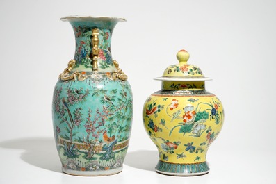 A Chinese famille verte vase and cover and a Canton turquoise-ground vase, 19/20th C.