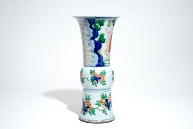 A Chinese wucai gu vase with figures, Shunzhi, Transitional period