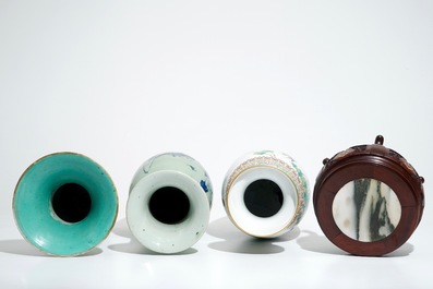 Three various Chinese vases and an inlaid wooden stand with dreamstone, 19/20th C.