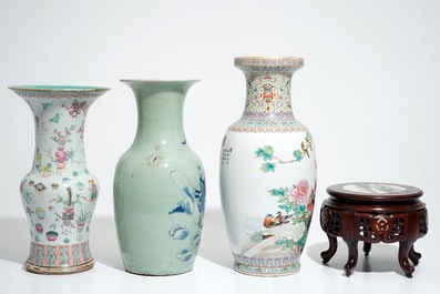 Three various Chinese vases and an inlaid wooden stand with dreamstone, 19/20th C.