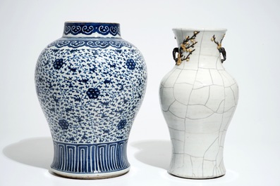 A Chinese crackle-glazed vase and a blue and white lotus scroll baluster jar, 19th C.
