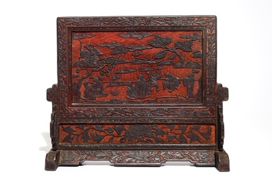A Chinese cinnabar lacquer table screen with figures, 20th C.