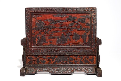 A Chinese cinnabar lacquer table screen with figures, 20th C.