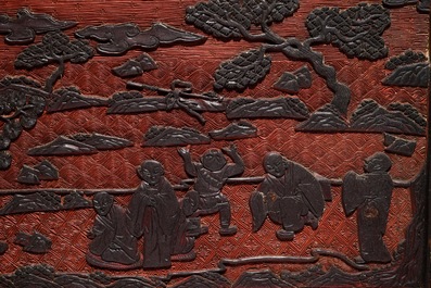A Chinese cinnabar lacquer table screen with figures, 20th C.