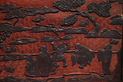 A Chinese cinnabar lacquer table screen with figures, 20th C.