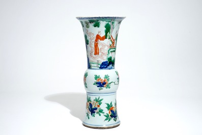 A Chinese wucai gu vase with figures, Shunzhi, Transitional period