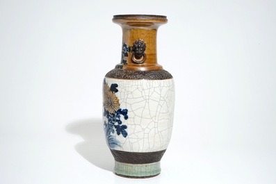 A Chinese blue and white on caf&eacute; au lait and crackle-ground vase, 19th C.