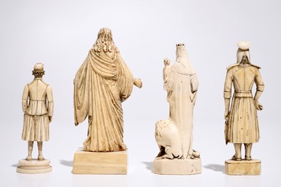 Four carved ivory figures, a miniature altar and a thermometer, Dieppe and other workshops, 19th C.