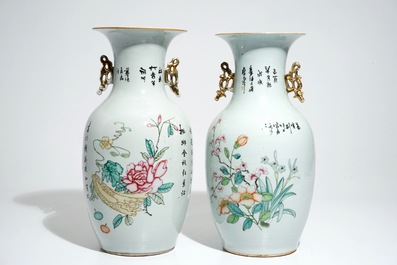 Deux vases en porcelaine de Chine famille rose aux sc&egrave;nes de jardin et d&eacute;cors floraux, 19/20&egrave;me