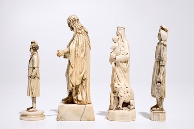 Four carved ivory figures, a miniature altar and a thermometer, Dieppe and other workshops, 19th C.