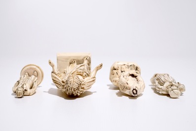 Four carved ivory figures, a miniature altar and a thermometer, Dieppe and other workshops, 19th C.