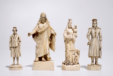 Four carved ivory figures, a miniature altar and a thermometer, Dieppe and other workshops, 19th C.