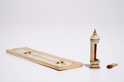 Four carved ivory figures, a miniature altar and a thermometer, Dieppe and other workshops, 19th C.