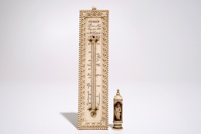 Four carved ivory figures, a miniature altar and a thermometer, Dieppe and other workshops, 19th C.