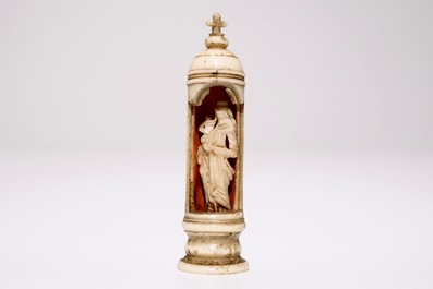 Four carved ivory figures, a miniature altar and a thermometer, Dieppe and other workshops, 19th C.