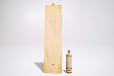 Four carved ivory figures, a miniature altar and a thermometer, Dieppe and other workshops, 19th C.