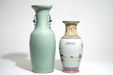 Un vase en porcelaine de Chine famille rose et un vase &agrave; fond c&eacute;ladon, 19/20&egrave;me